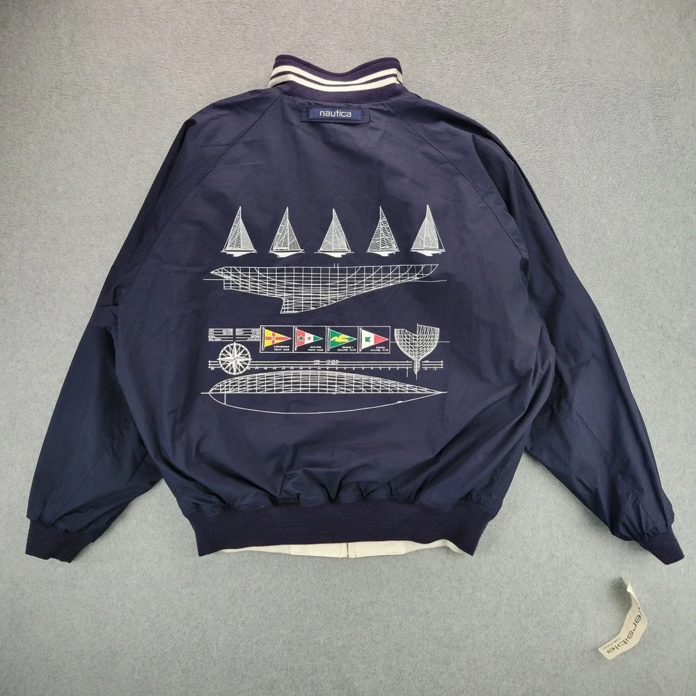 Nautica Yacht Club Reversible Bomber Jacket Mens L White Navy Blue Vintage NWT‎